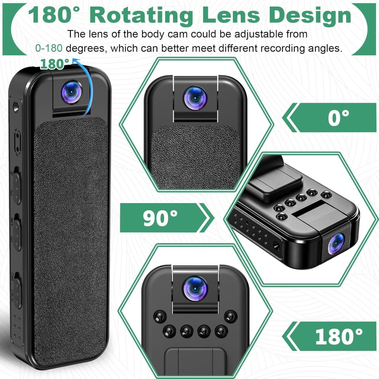 HKFUG Mini Câmera Corporal HD 1080P com Lente Giratória de 180°